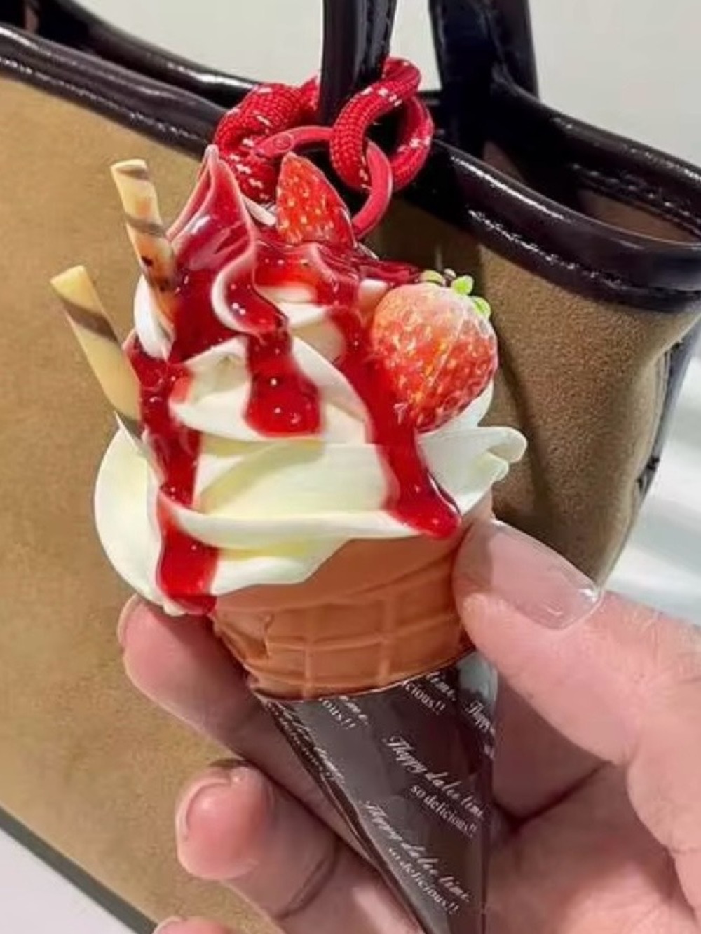 NWOT Strawberry Ice Cream Cone Bag Charm - Red, White & Brown